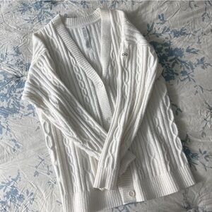 ALO Yoga Women's Cream Cable Knit Winter Bliss Cardigan Sweater- Ivory